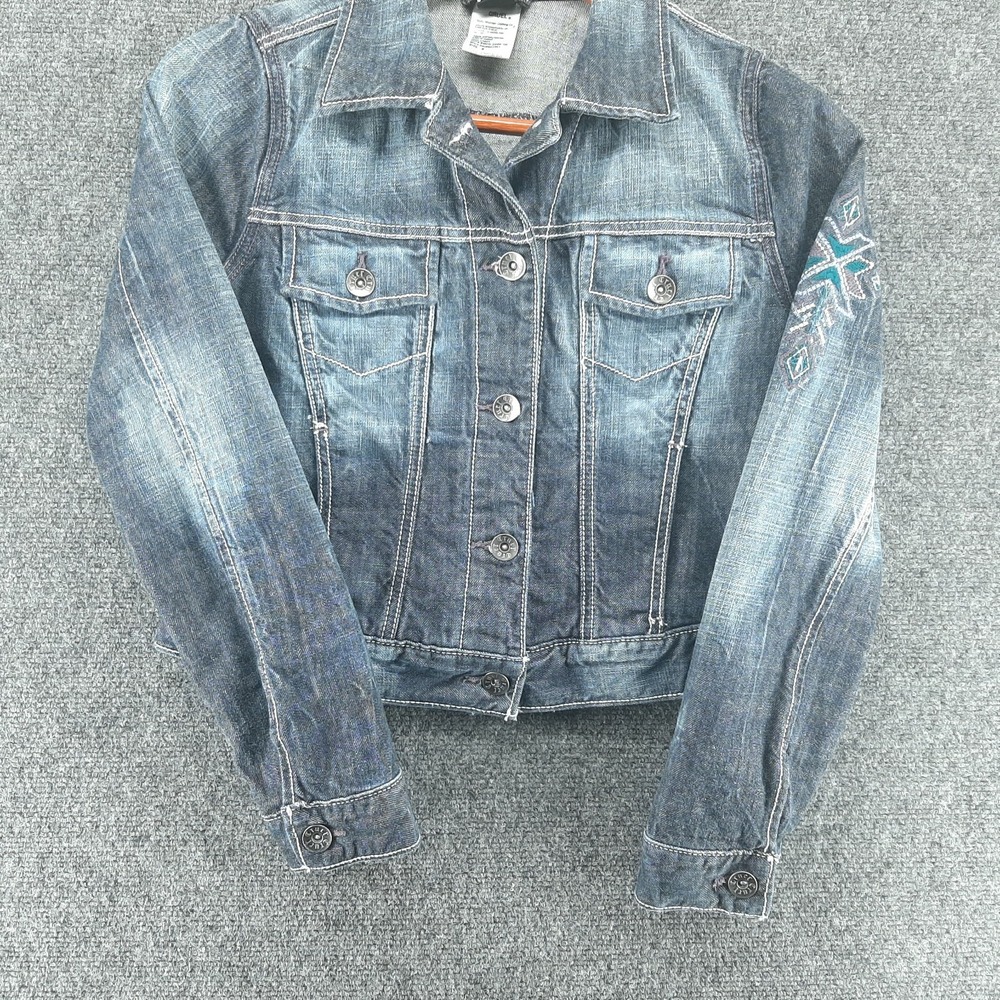 CRUEL Womens Girls Cropped Denim Jean Jacket Distressed Faded Size Small